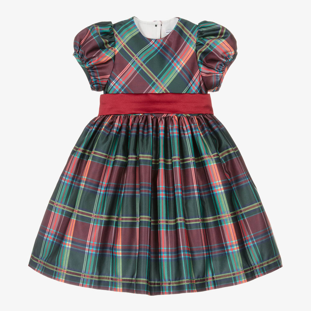 Beatrice & George - Girls Green Tartan Satin Twill Dress | Childrensalon