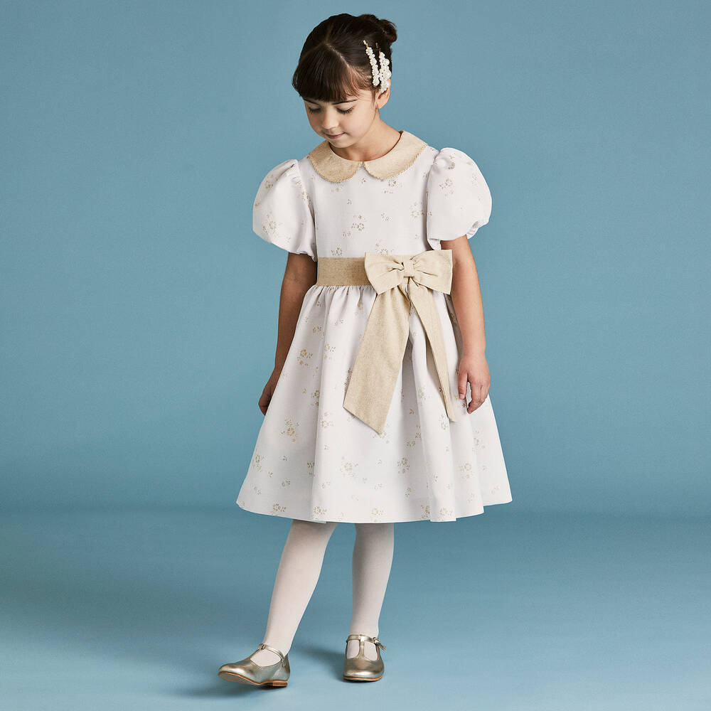 Beatrice & George-Girls Ivory Floral Jacquard Dress | Childrensalon