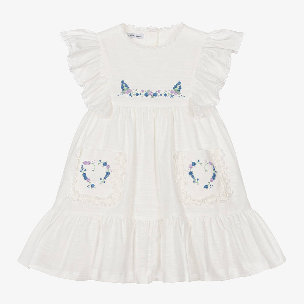 Beatrice & George Kids' Girls Ivory Hand-embroidered Cotton Dress