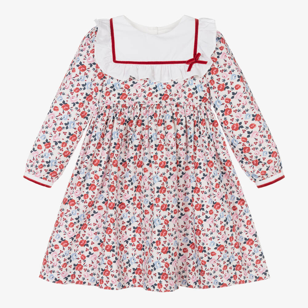 Beatrice & George - Girls Ivory & Red Cotton Floral Dress  | Childrensalon