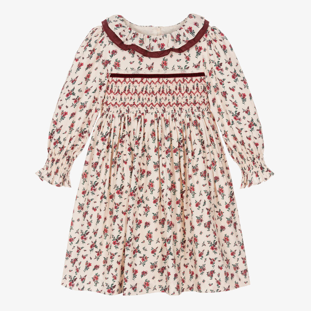 Beatrice & George - Girls Ivory & Red Smocked Floral Dress | Childrensalon