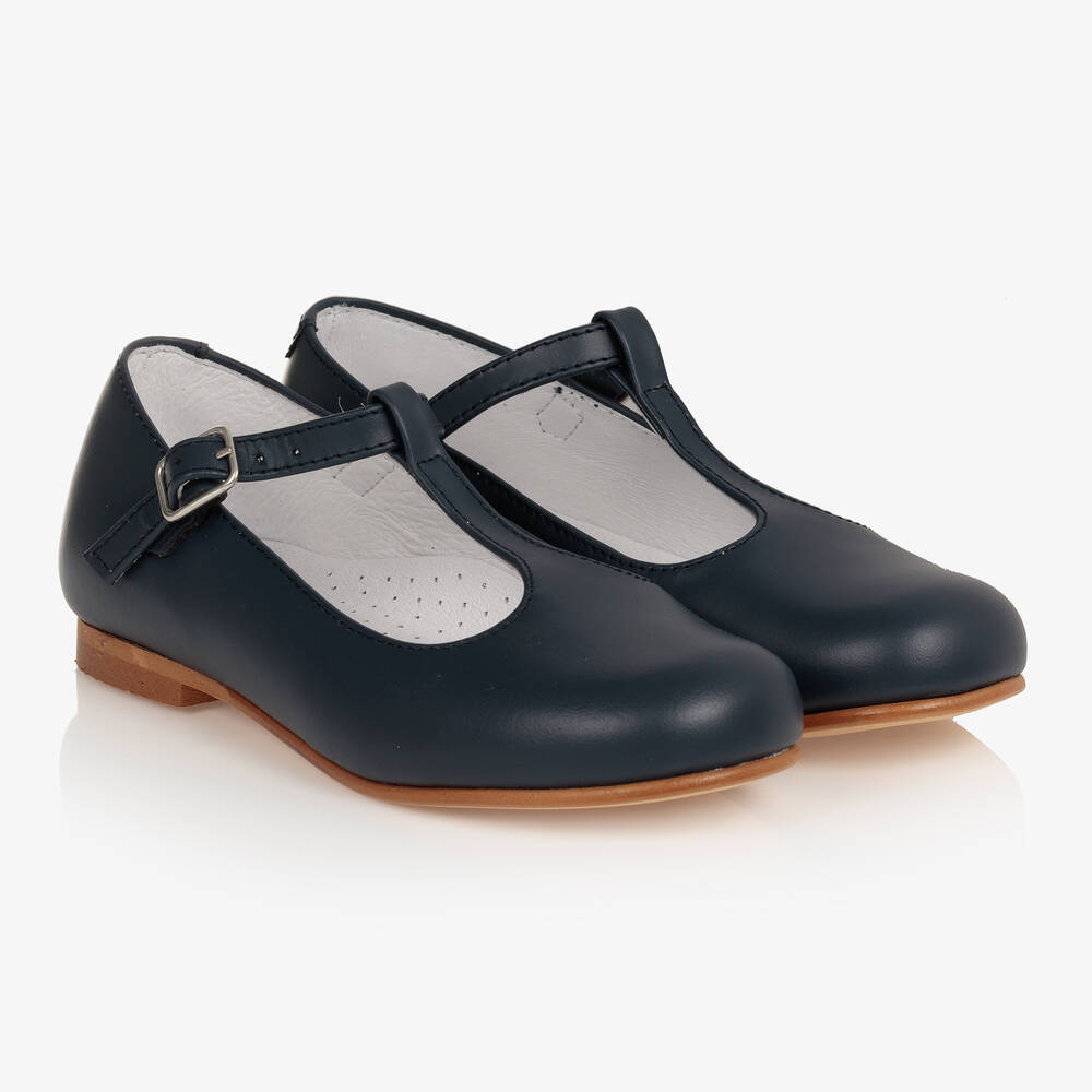 Beatrice & George - Girls Navy Blue Leather T-Bar Shoes | Childrensalon