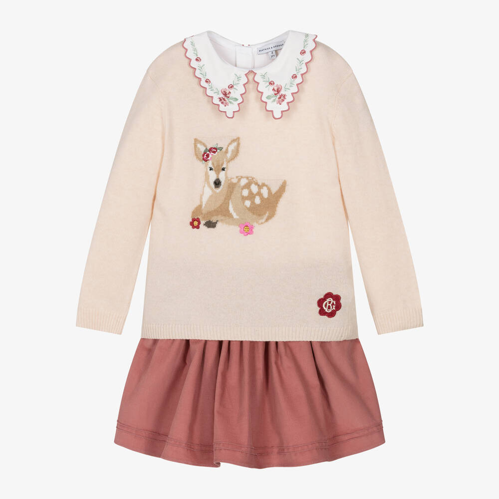 Beatrice & George Babies' Girls Pink Cashmere & Corduroy Skirt Set In Ivory