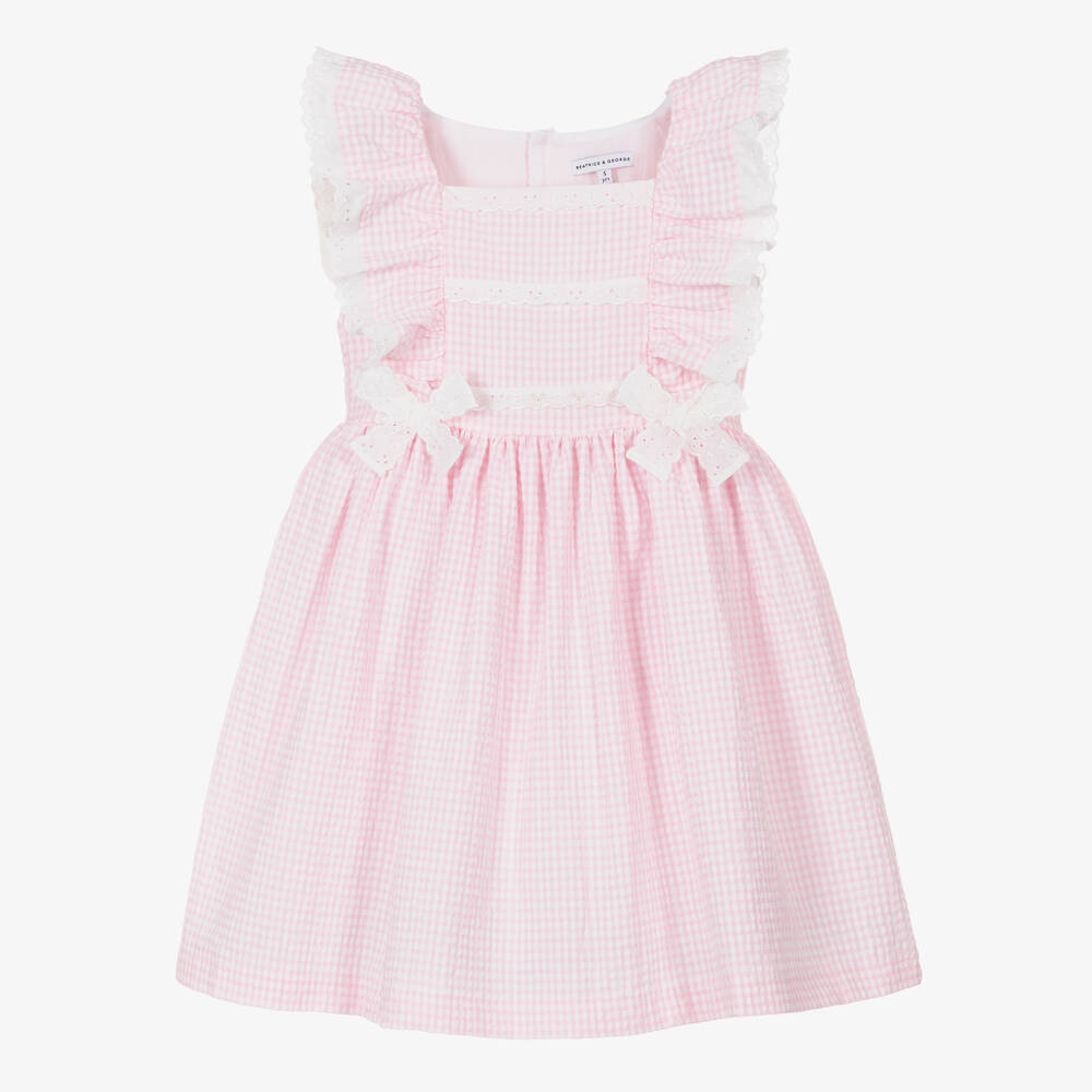 Beatrice & George - Girls Pink Cotton Gingham Dress | Childrensalon
