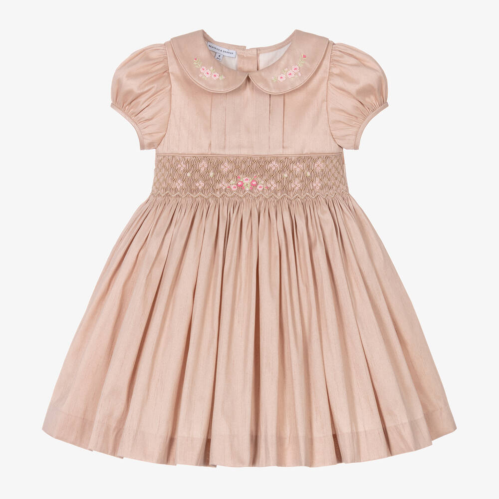 Beatrice & George - Girls Pink Hand-Smocked Dupion Dress | Childrensalon