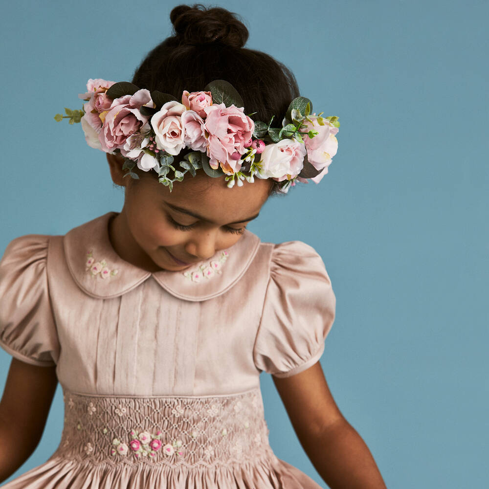 Beatrice & George-Girls Pink Hand-Smocked Dupion Dress | Childrensalon