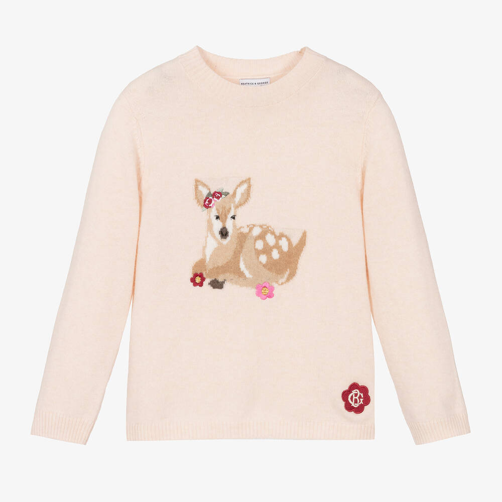Beatrice & George - Girls Pink Wool & Cashmere Deer Sweater | Childrensalon