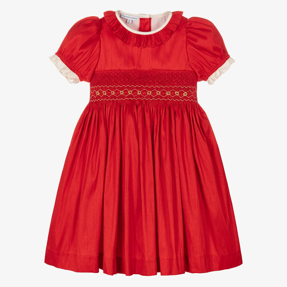 Beatrice & George - Girls Red Hand-Smocked Dupion Dress | Childrensalon