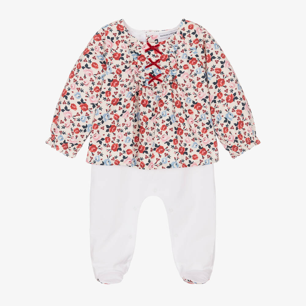 Beatrice & George - Girls Red & White Cotton Floral Babygrow | Childrensalon