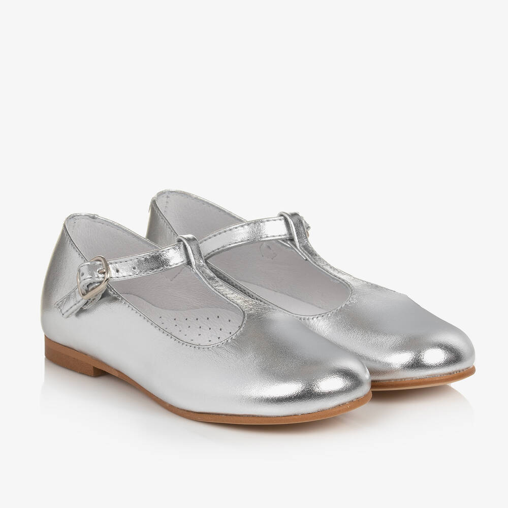 Beatrice & George - Girls Silver Leather T-Bar Shoes | Childrensalon