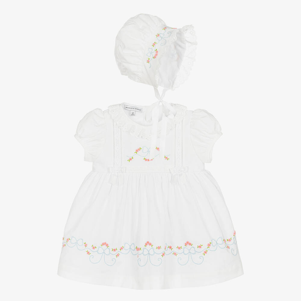 Beatrice & George - Girls White Cotton Embroidered Dress Set  | Childrensalon