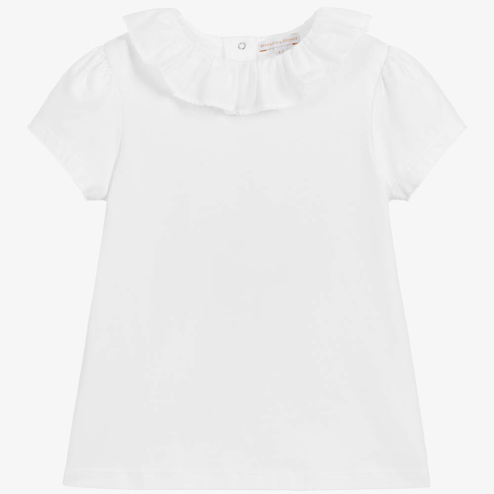 Beatrice & George - Girls White Cotton Ruffle T-Shirt | Childrensalon