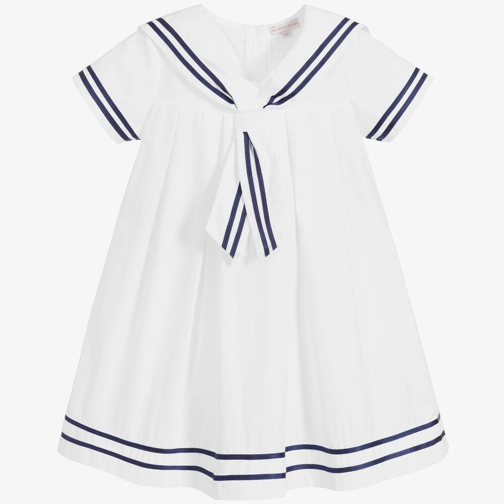 Beatrice & George - Girls White Cotton Sailor Dress | Childrensalon