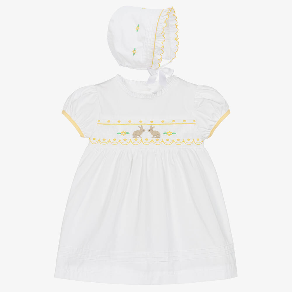 Beatrice & George - Белое платье и шапочка из хлопка с вышивкой  | Childrensalon