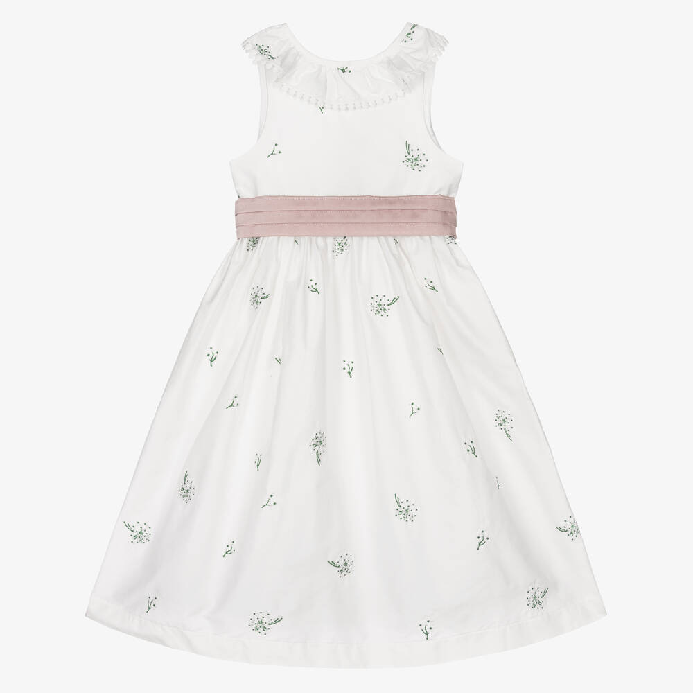 Beatrice & George - Girls White Embroidered Floral Cotton Dress | Childrensalon