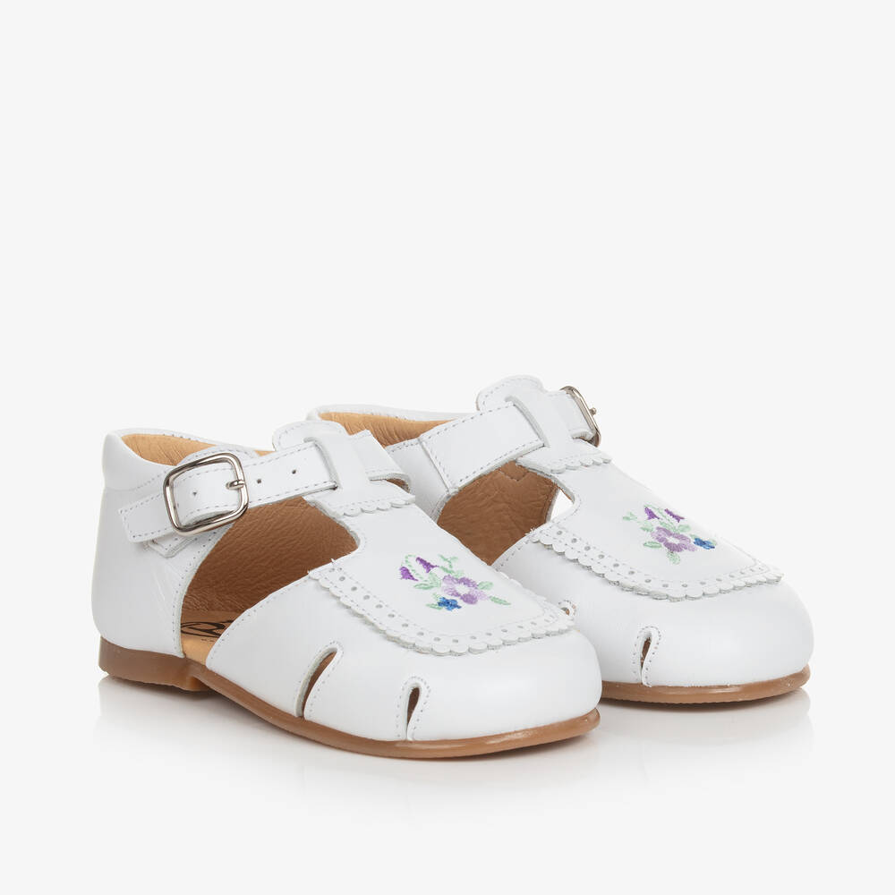 Beatrice & George - Girls White Embroidered Floral Leather Shoes | Childrensalon