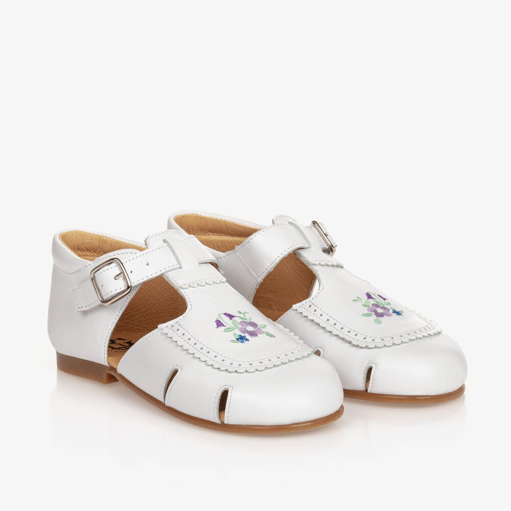 Beatrice & George Kids' Girls White Embroidered Floral Leather Shoes