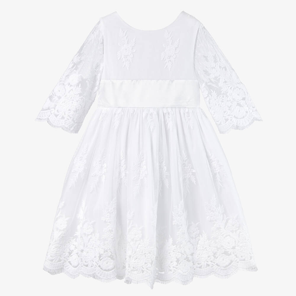 Beatrice & George - Girls White Embroidered Tulle Dress  | Childrensalon