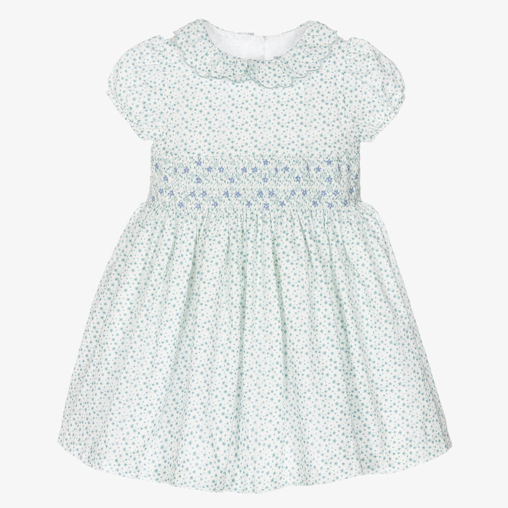 Beatrice & George - Girls White & Green Floral Smocked Dress | Childrensalon