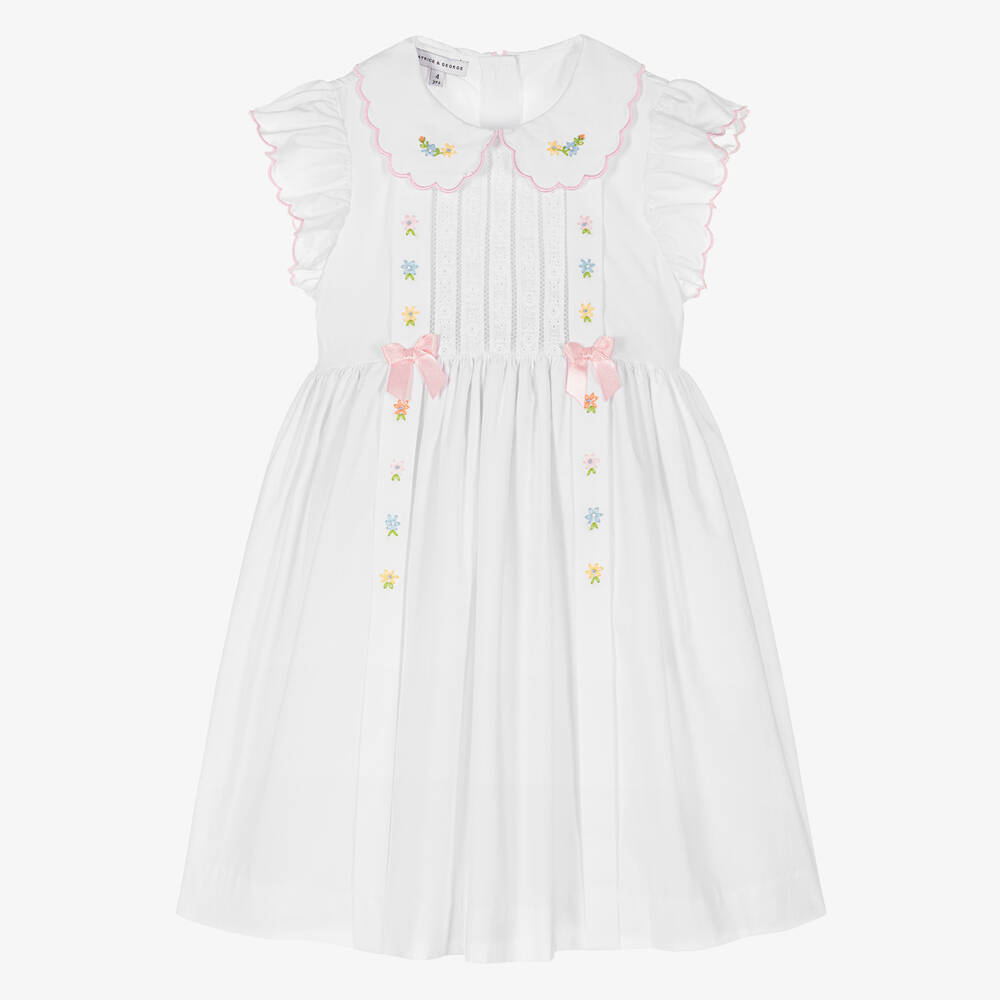 Beatrice & George - Girls White Hand-Embroidered Cotton Dress | Childrensalon