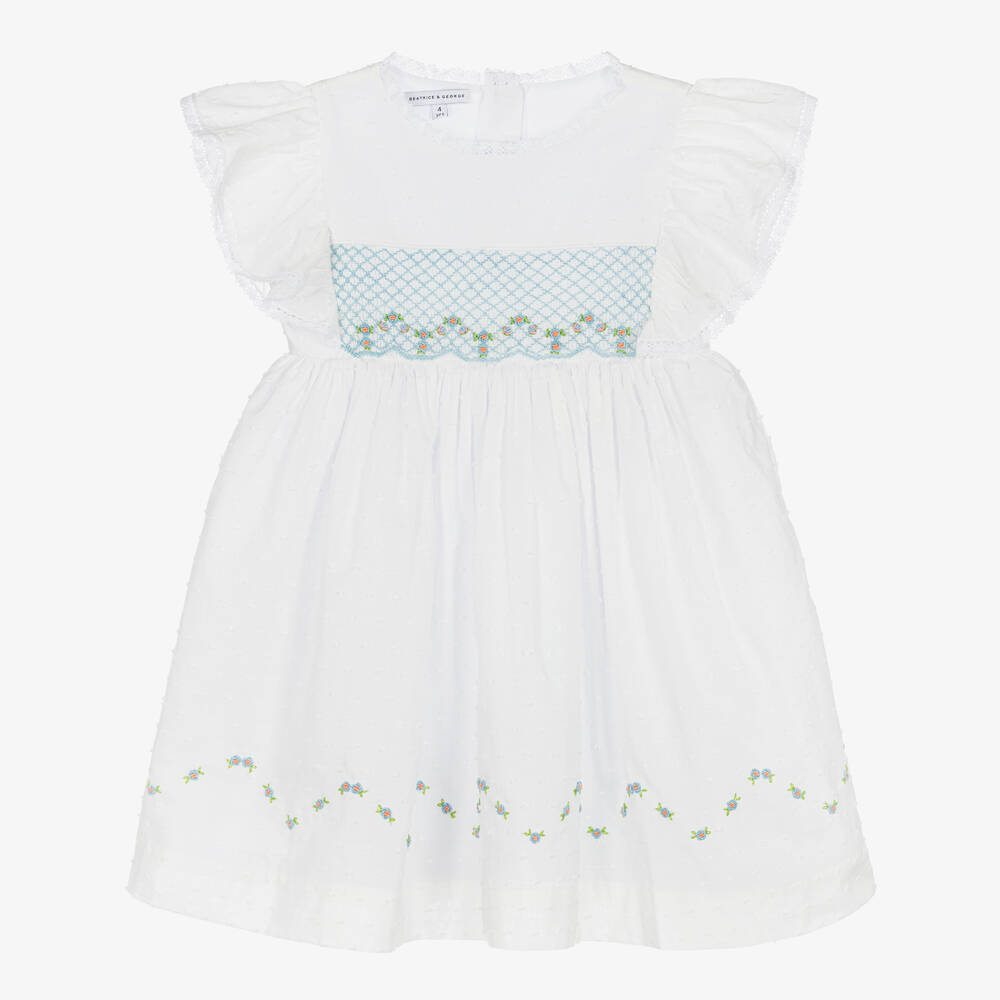 Beatrice & George - Girls White Hand-Smocked Cotton Dress | Childrensalon