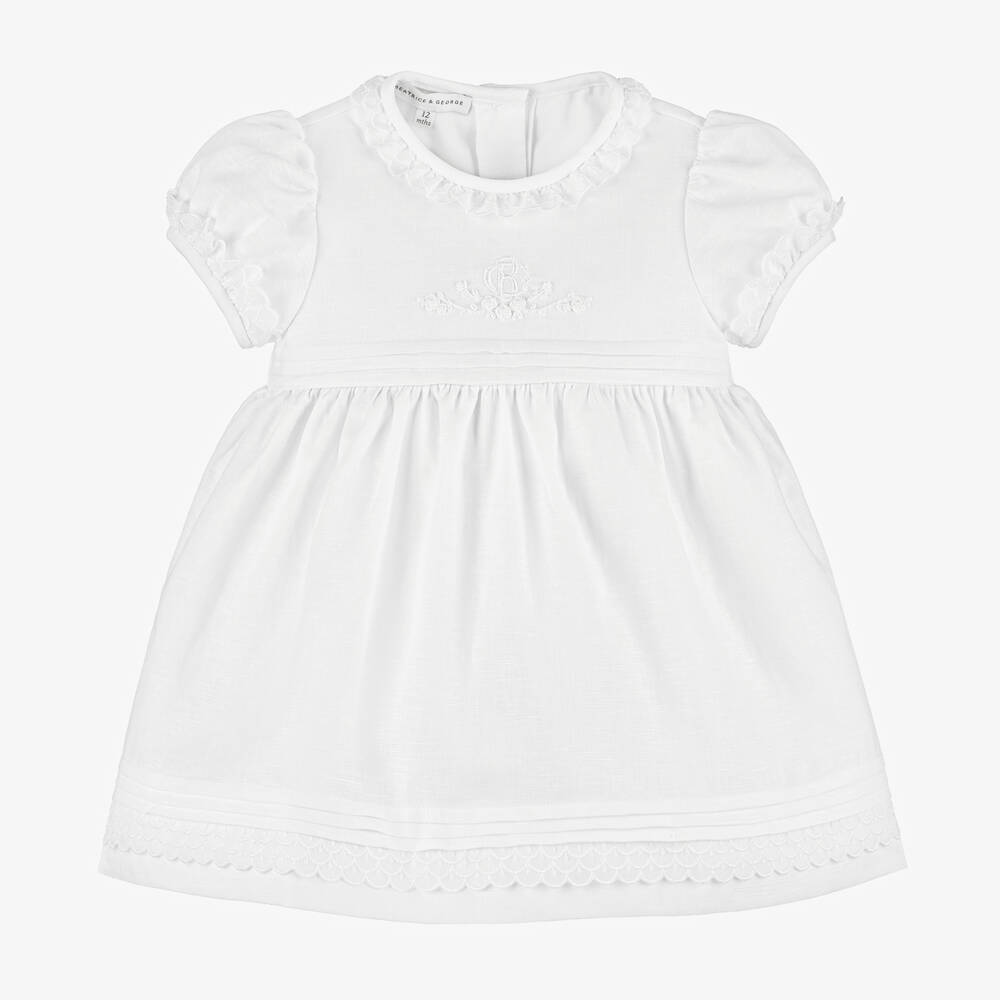 Beatrice & George - Girls White Linen & Cotton Dress | Childrensalon