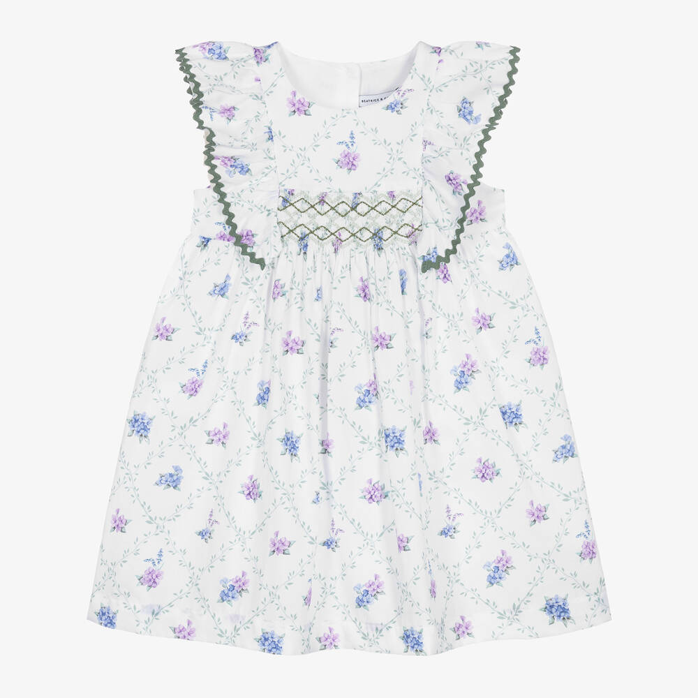 Beatrice & George - Girls White Smocked Floral Cotton Dress  | Childrensalon