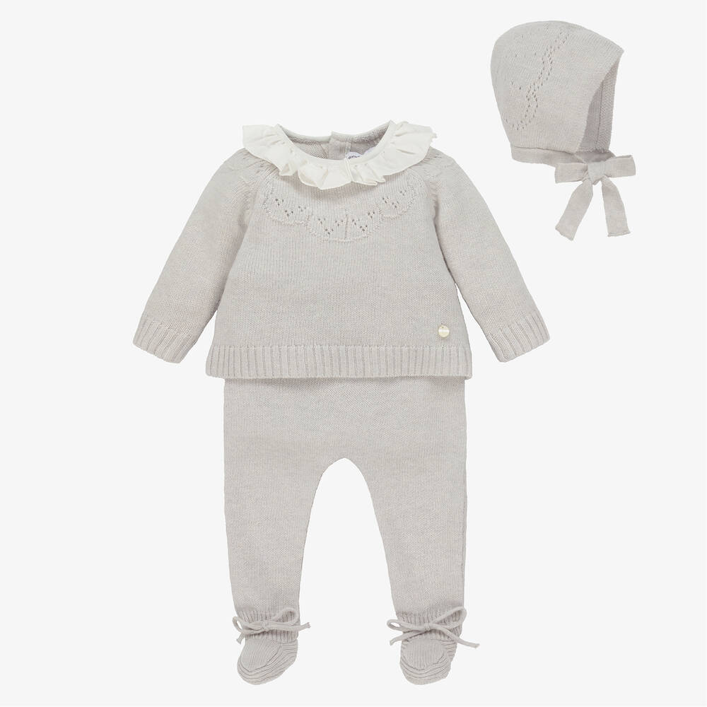 Beatrice & George - Grey Knitted Wool & Cashmere Babygrow Set | Childrensalon