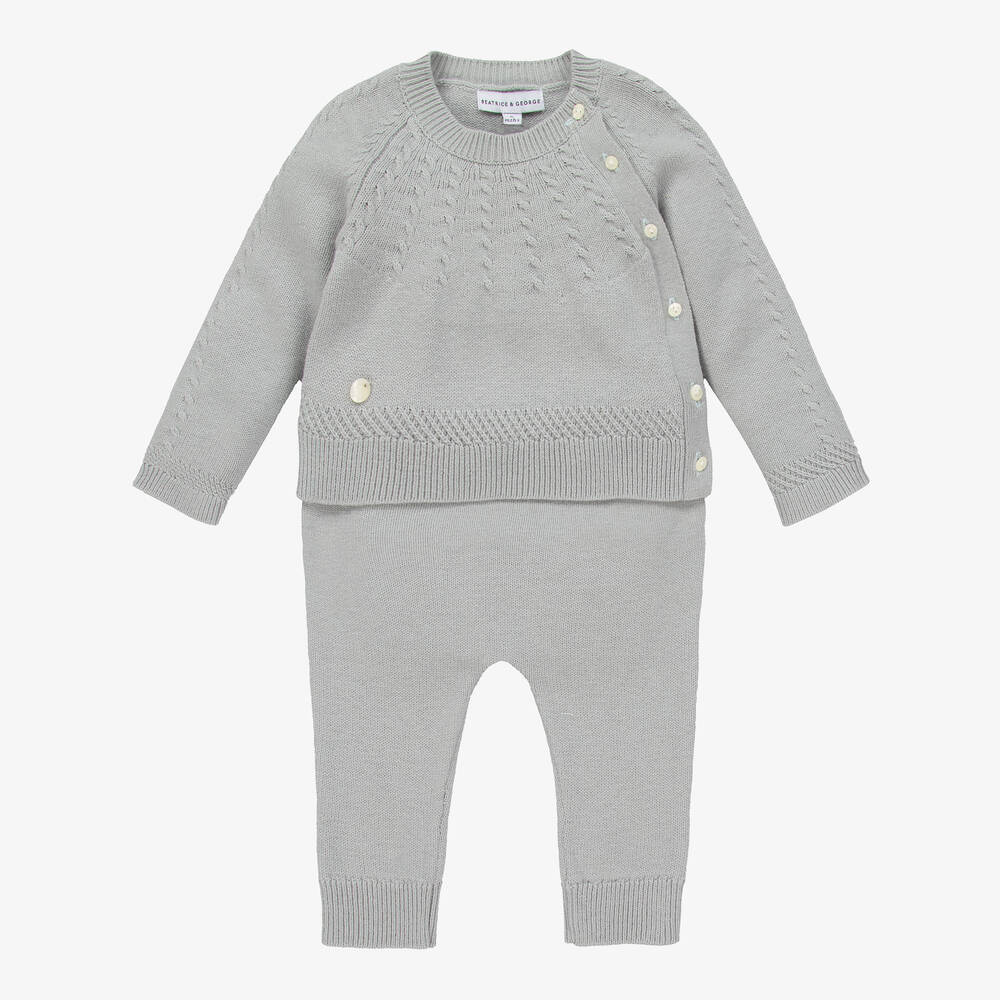 Beatrice & George - Grey Knitted Wool & Cotton Trouser Set | Childrensalon