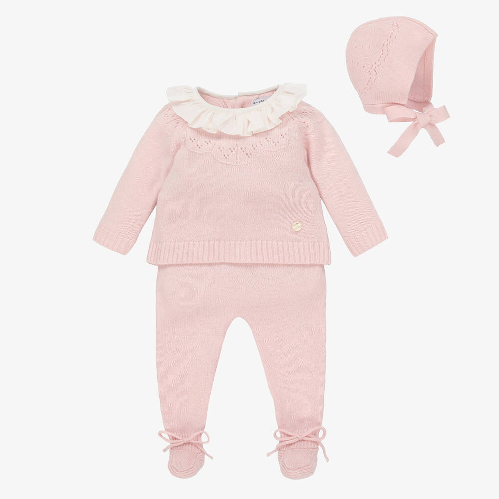 Beatrice & George - Pink Knitted Wool & Cashmere Babygrow Set | Childrensalon