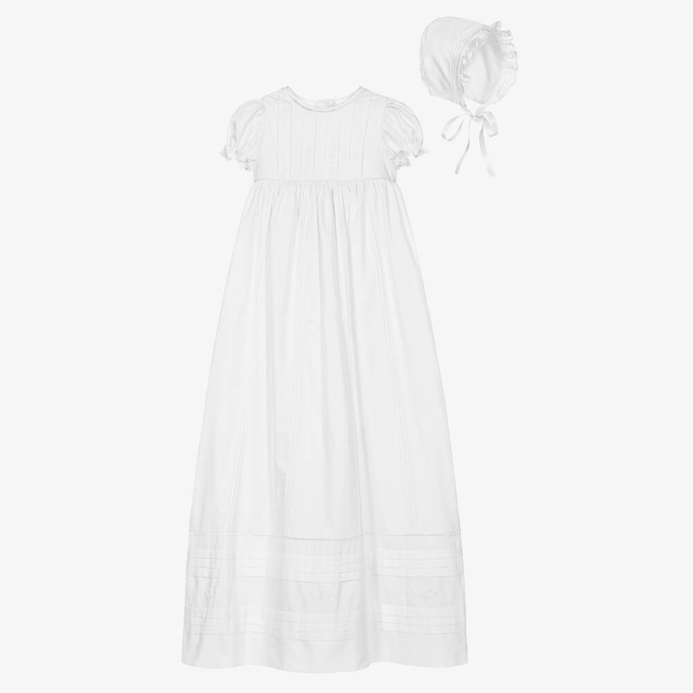 Beatrice & George - طقم ثوب مراسم وبونيه قطن ساتين لون أبيض للأطفال | Childrensalon