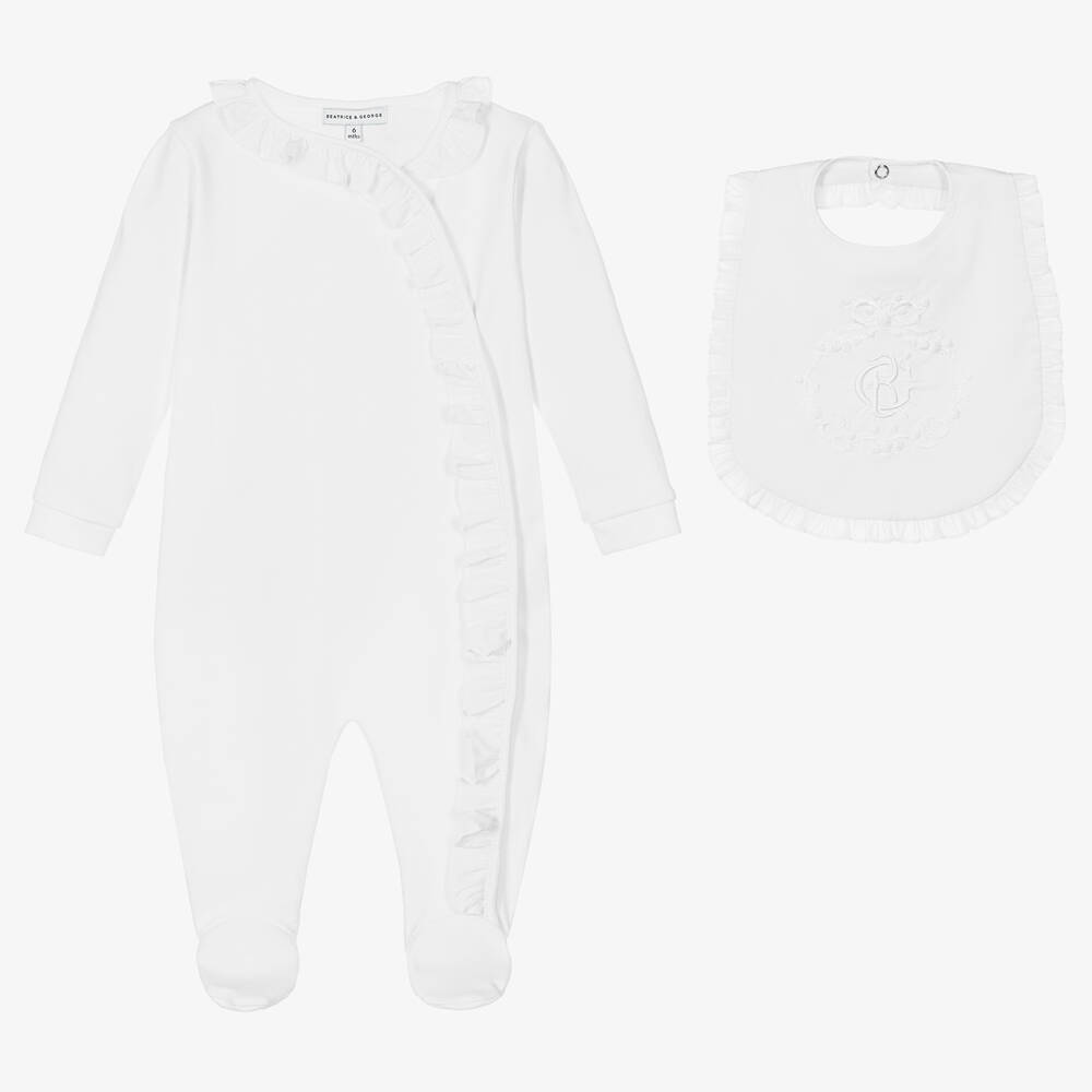 Beatrice & George White Cotton Babygrow & Embroidered Bib Set