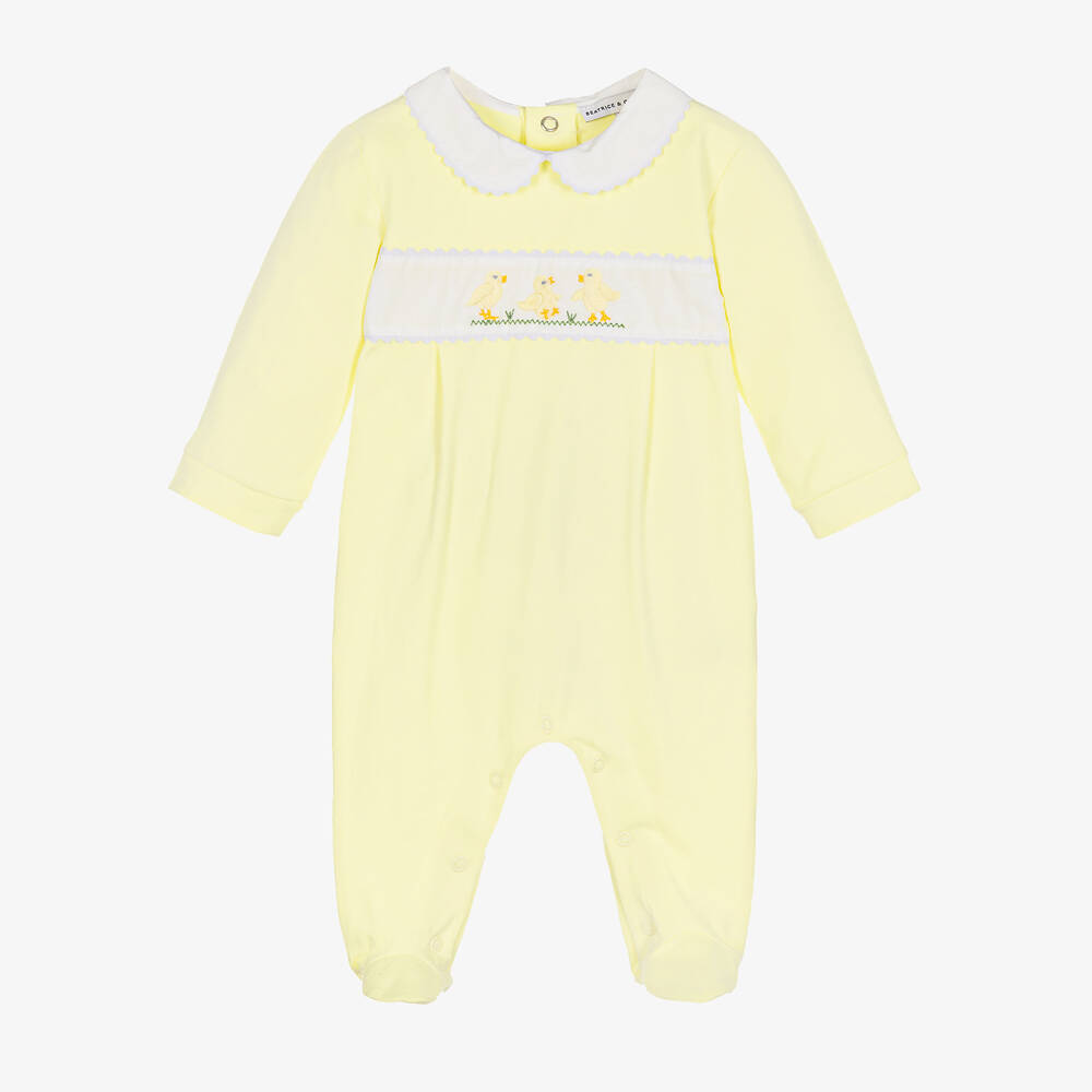 Beatrice & George - Yellow Cotton Jersey Babygrow | Childrensalon
