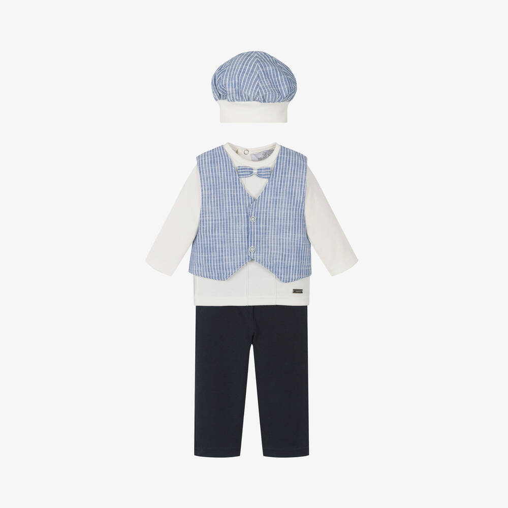 Beau KiD - طقم بنطلون أطفال ولادي قطن لون عاجي وأزرق (4 قطع) | Childrensalon