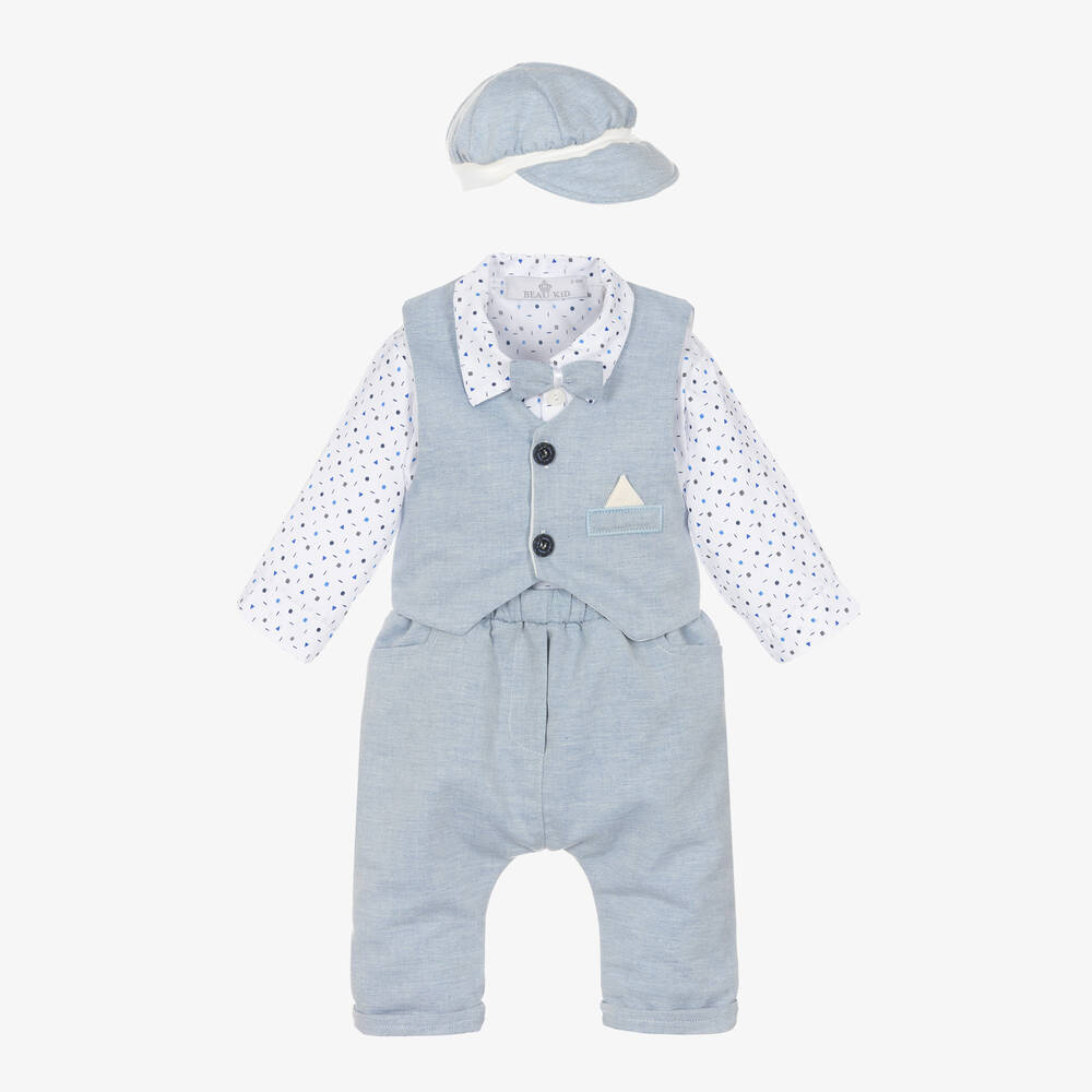 Beau KiD - Baby Boys Blue & White Cotton Trouser Set | Childrensalon