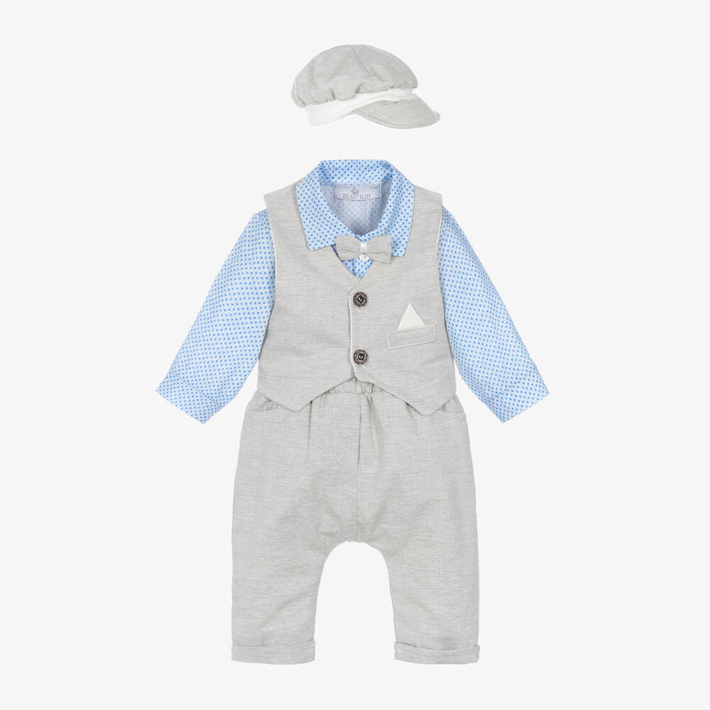 Beau KiD - Baby Boys Grey & Blue Cotton Trouser Set | Childrensalon