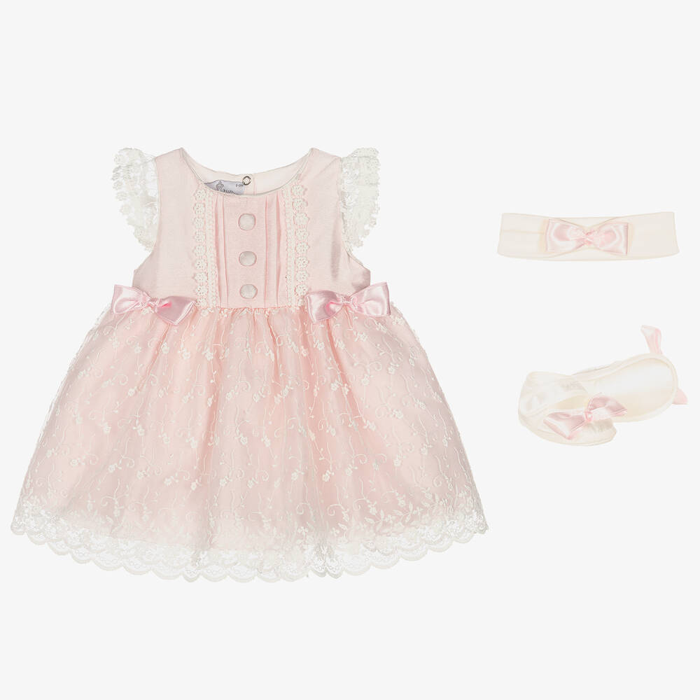 Beau KiD - طقم فستان قطن وتول مطرز لون زهري للمولودات | Childrensalon