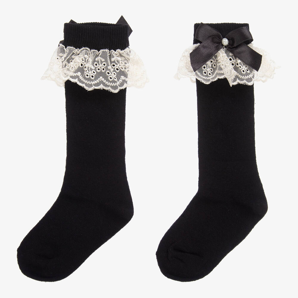 Beau KiD - Black Cotton & Lace Long Socks | Childrensalon