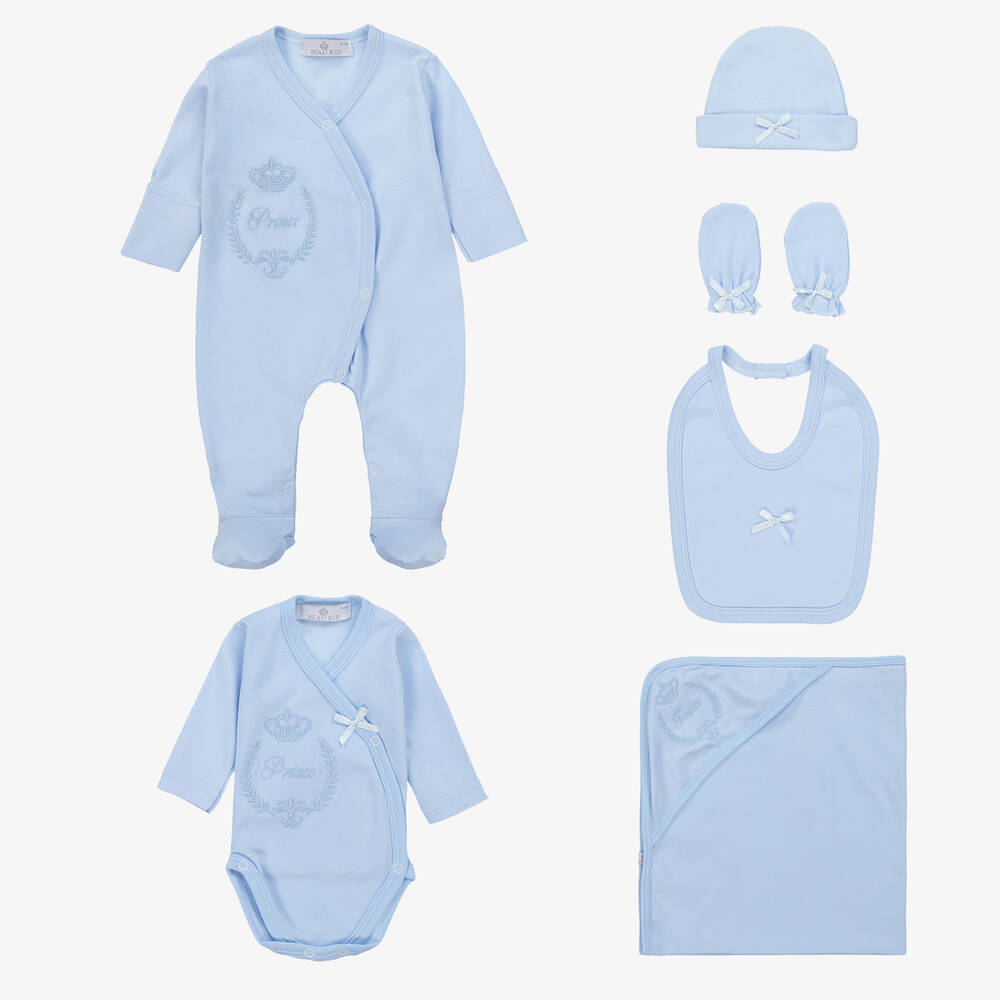 Beau KiD - طقم أفرول قطن لون أزرق للمواليد (6 قطع) | Childrensalon
