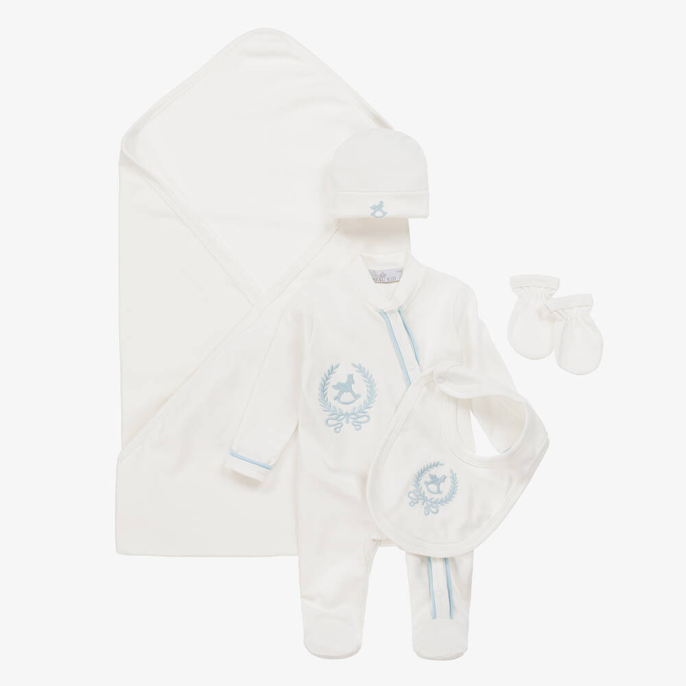 Beau KiD - Boys Ivory & Blue Cotton Babysuit Set | Childrensalon