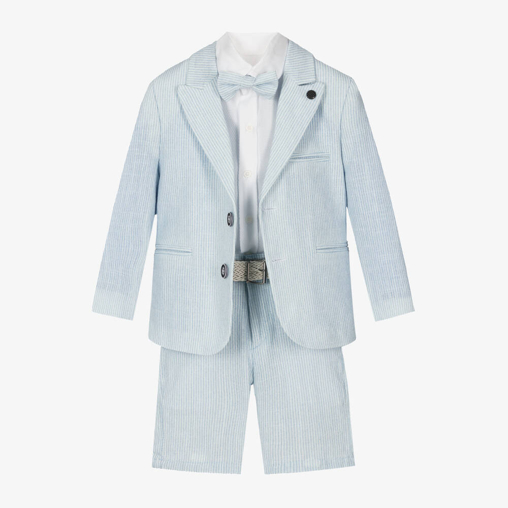 Beau KiD - بدلة شورت قطن مقلم لون أزرق فاتح للأولاد | Childrensalon
