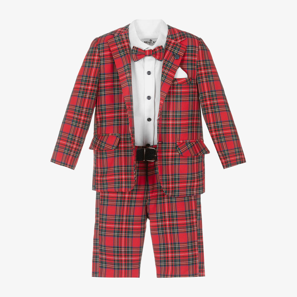 Shop Beau Kid Boys Red Tartan Check Shorts Suit
