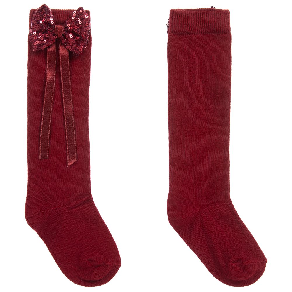 Beau KiD - جوارب طويلة قطن بفيونكة ترتر لون أحمر غامق للبنات | Childrensalon