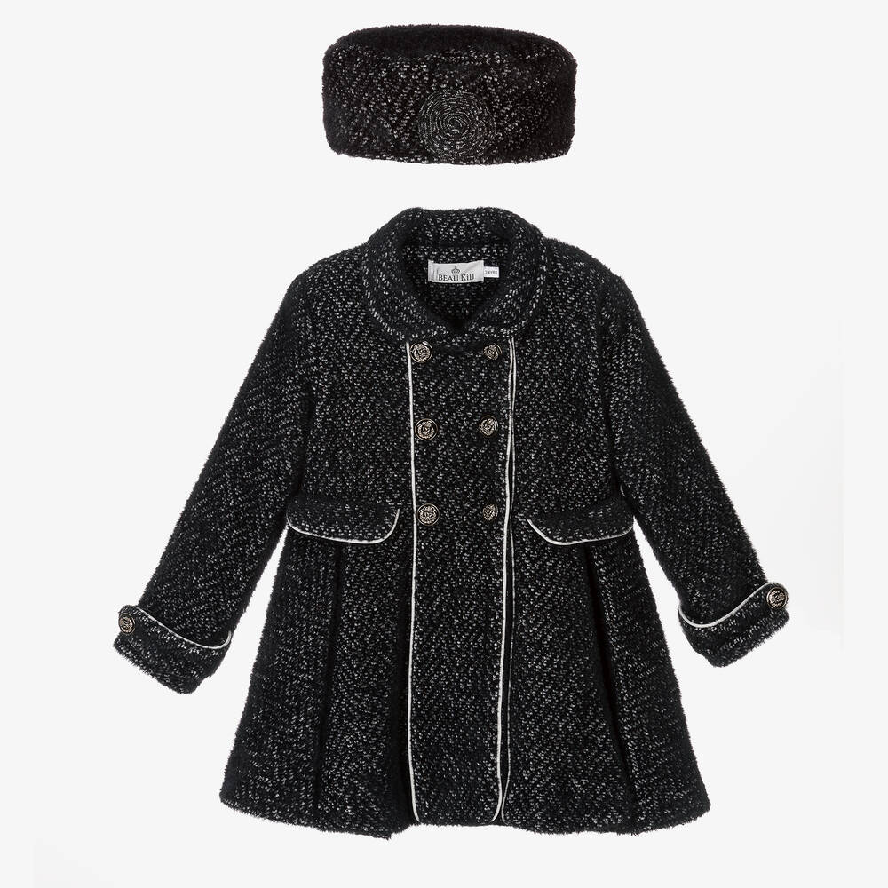Beau KiD - طقم معطف وقبعة لون أسود وأبيض للبنات | Childrensalon