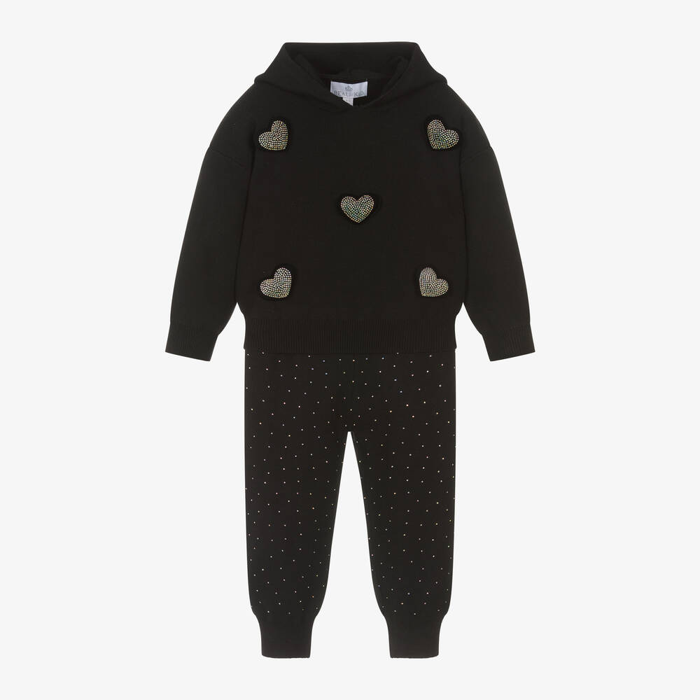 Beau KiD - Girls Black Knitted Hooded Tracksuit | Childrensalon