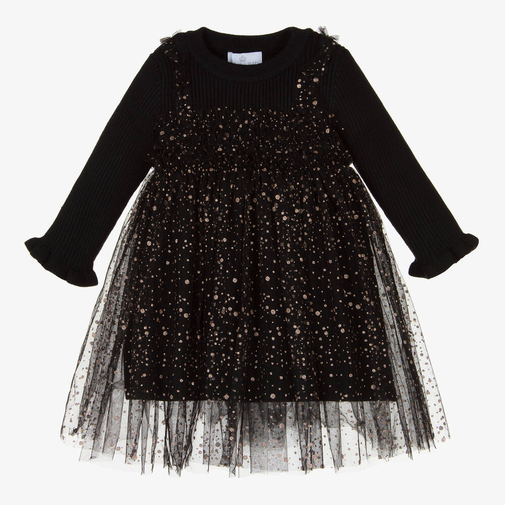 Beau KiD - Черное трикотажное платье с отделкой из тюля с блестками | Childrensalon