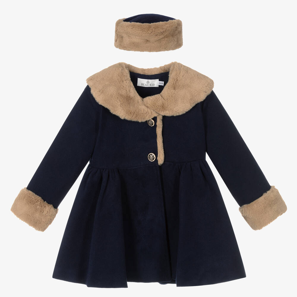 Beau KiD - Blauer Mantel & Mütze aus Kunstpelz | Childrensalon