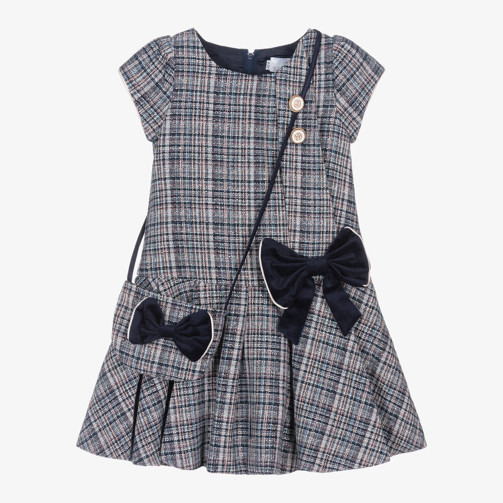 Beau KiD - Girls Blue Tweed Dress & Handbag Set | Childrensalon