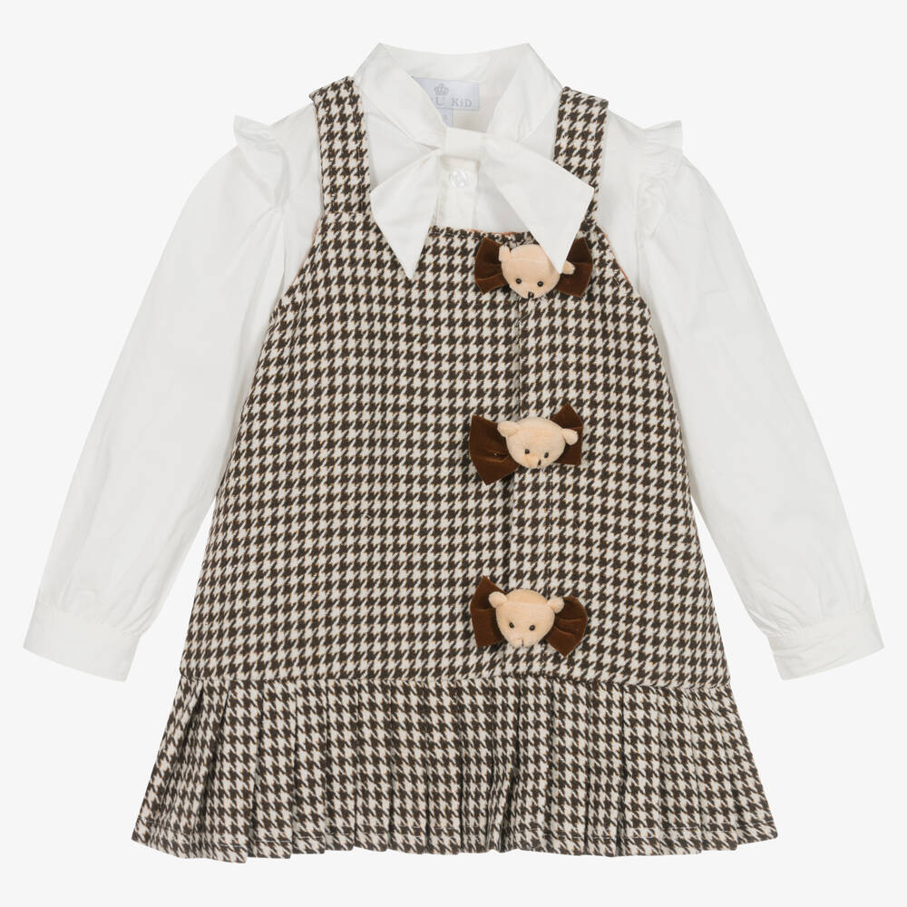 Beau KiD - طقم فستان بطبعة كاروهات لون عاجي وبني | Childrensalon