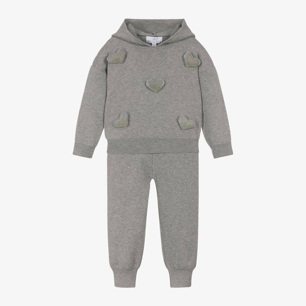 Beau KiD - Girls Grey Knitted Hooded Tracksuit | Childrensalon